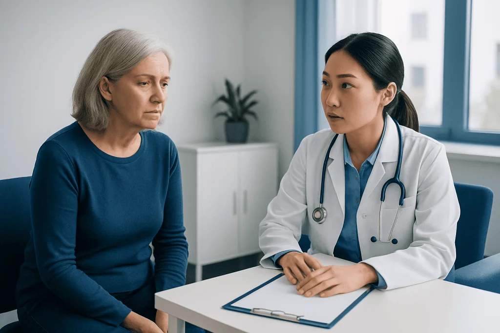 Doctor consulting with an elderly female patient in a medical office.