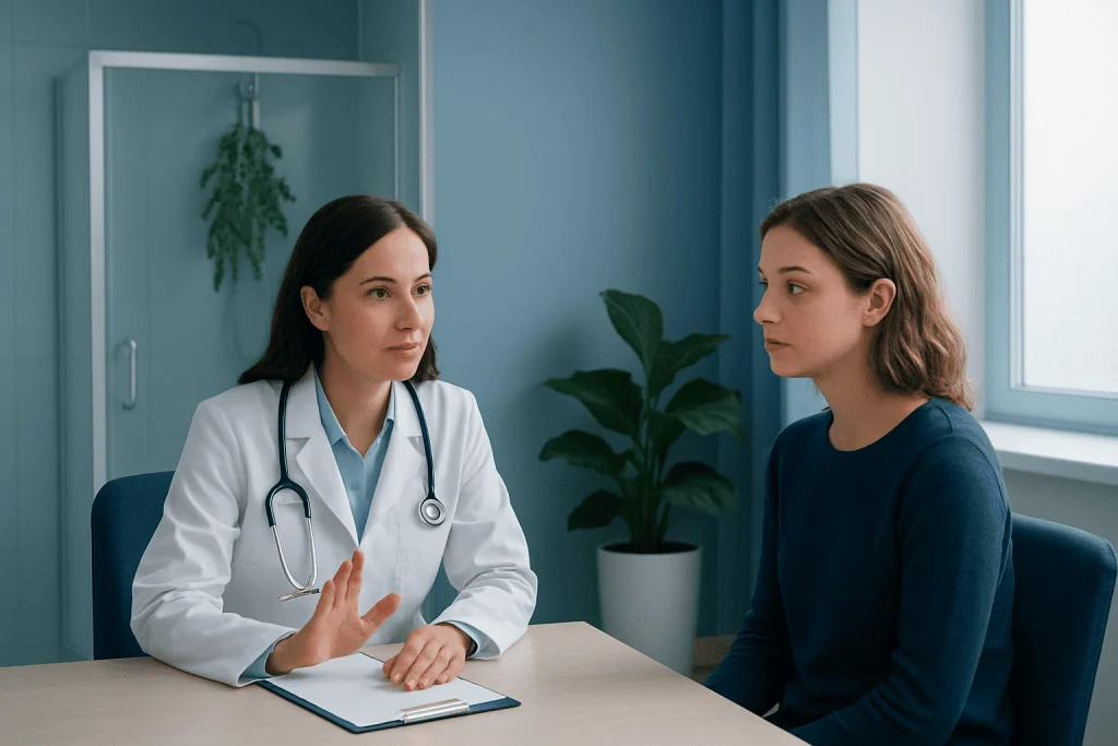 Doctor consulting with a patient in a modern medical office.