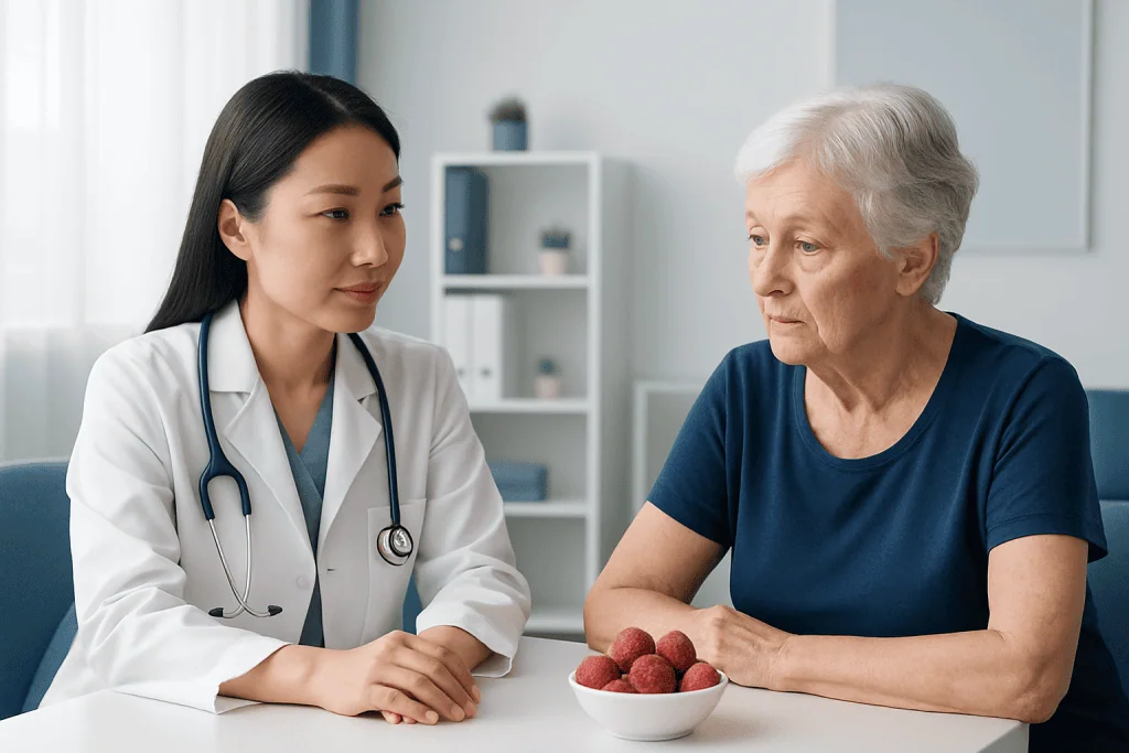 Doctor consulting elderly patient in a medical office setting.