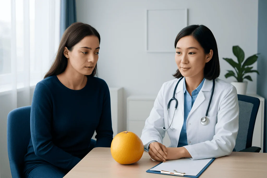 Doctor consulting with a patient in a medical office with a pomelo on the table.