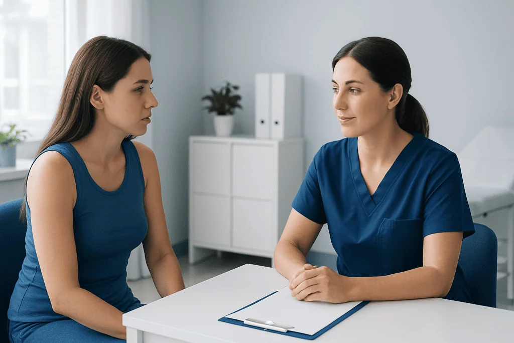 Medical consultation between a patient and healthcare professional in a clinic setting.