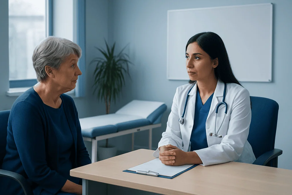 Doctor consulting with elderly patient in a hospital room.