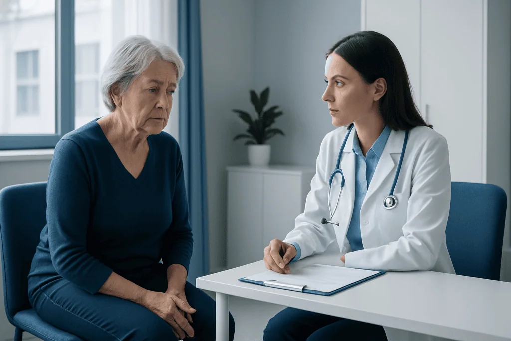Doctor consulting with elderly woman in a medical office.