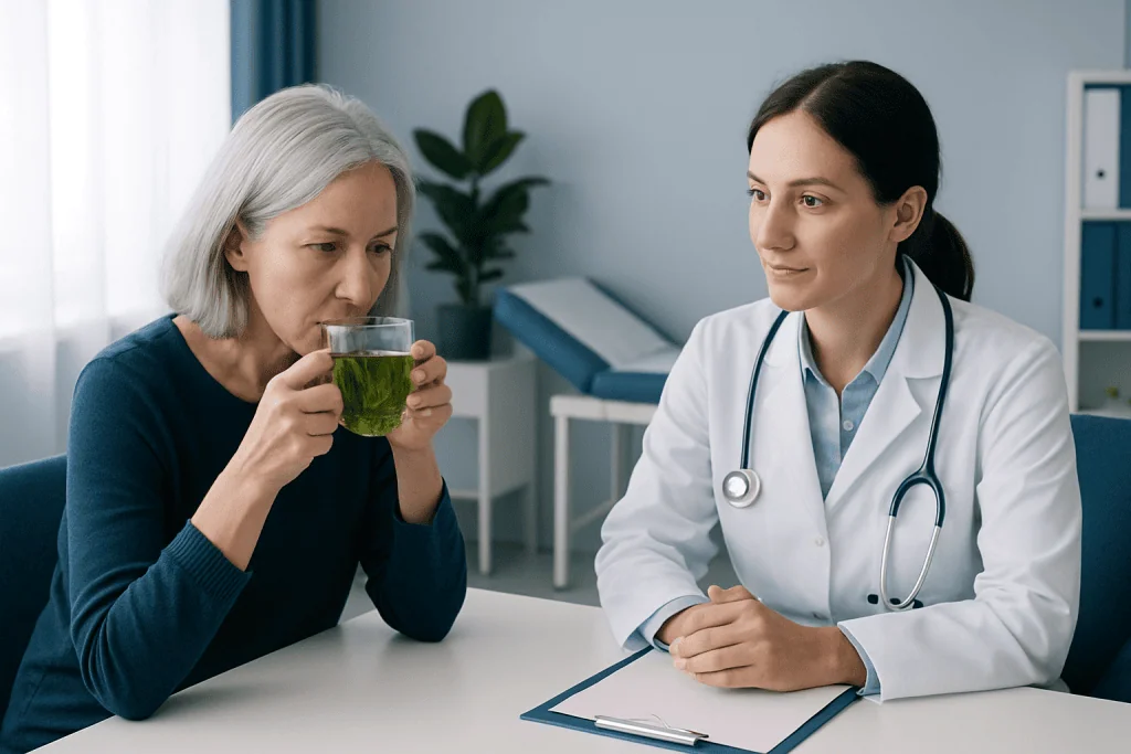 Doctor advising a patient about herbal tea benefits in a clinic setting.