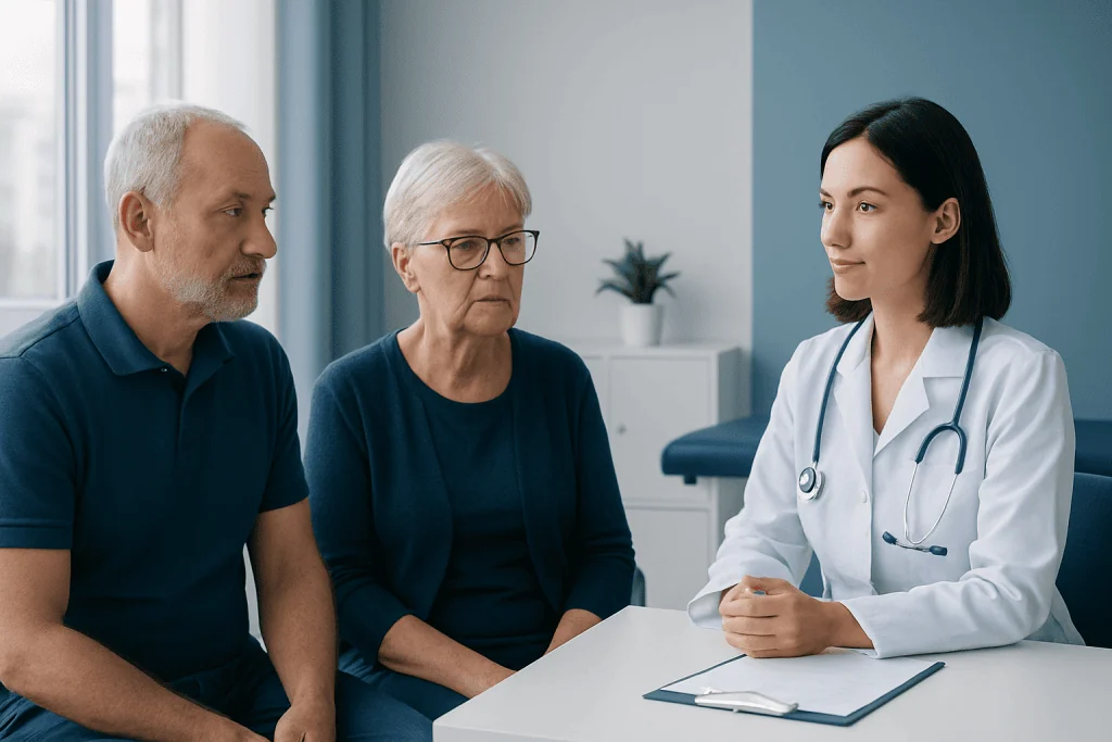 Doctor consulting elderly couple in a medical office setting.
