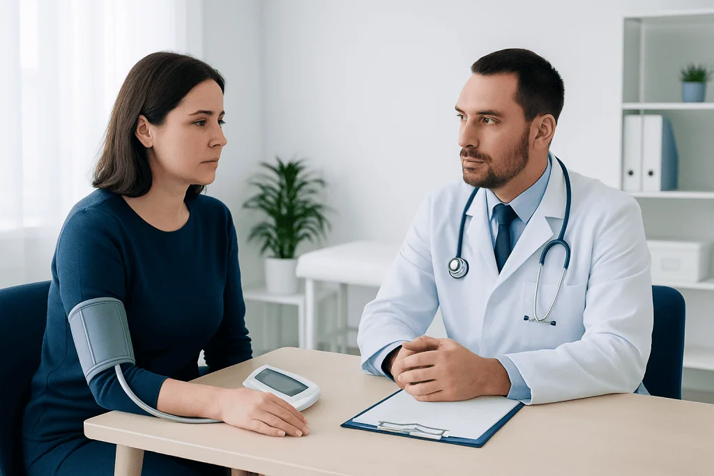 Doctor consulting with a female patient in a medical office setting.