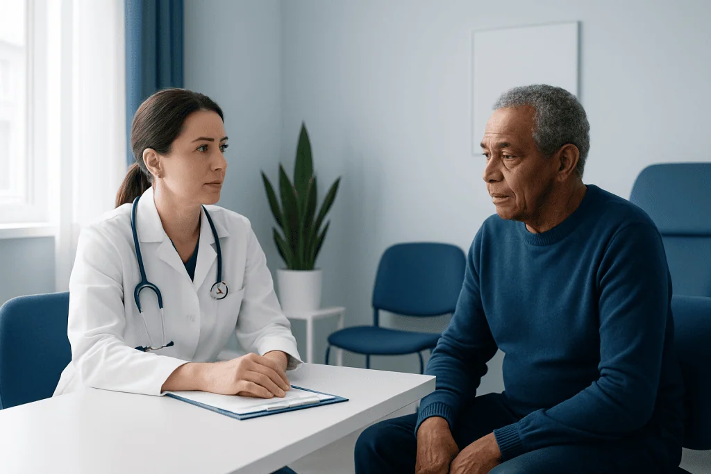 Doctor consulting with an elderly male patient in a medical office.