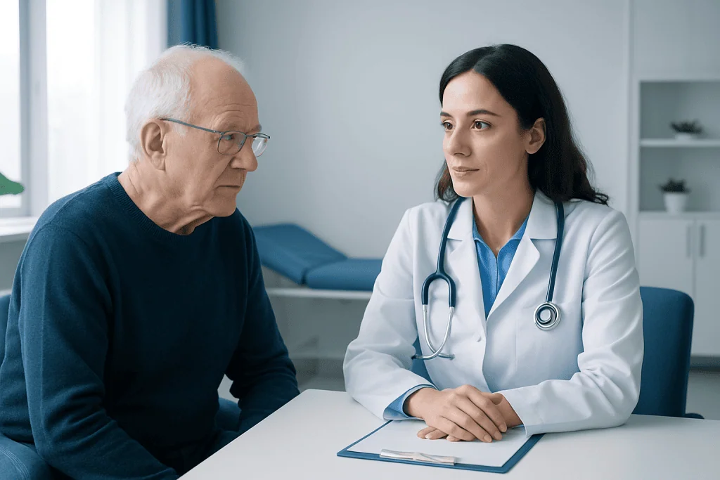 Doctor consulting with elderly male patient in a medical office.
