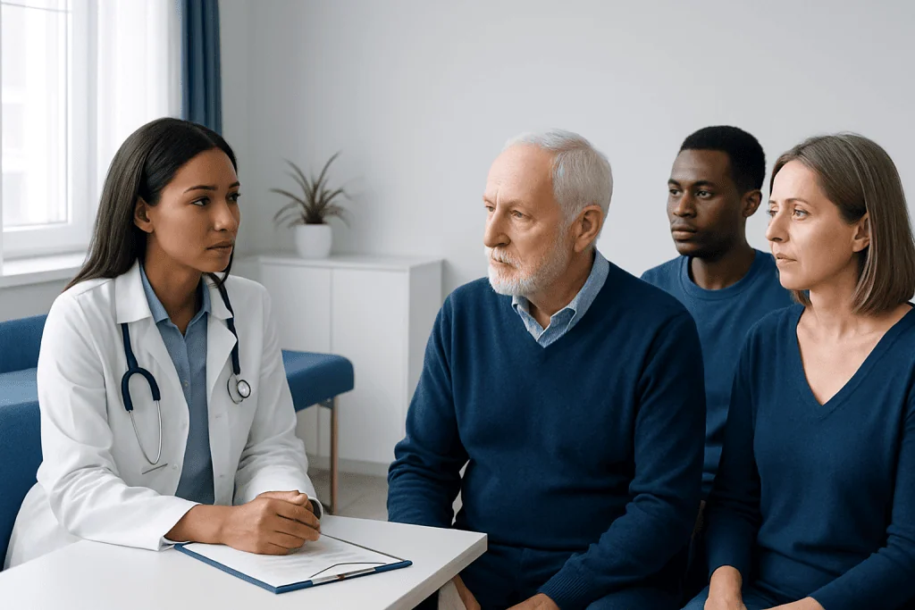 Doctor consulting with diverse patients in a medical office setting.