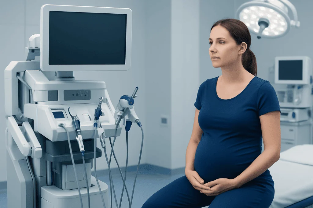 Pregnant woman in hospital with medical equipment for prenatal care.