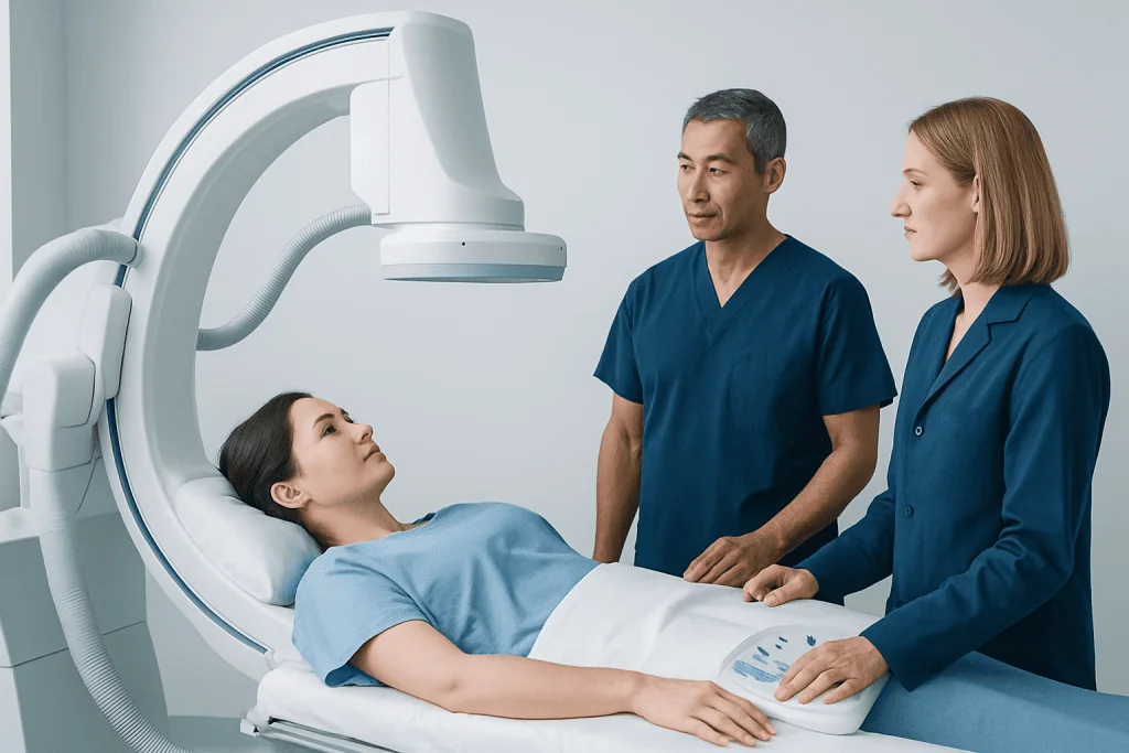 Patient undergoing brain vessel imaging with medical staff present.