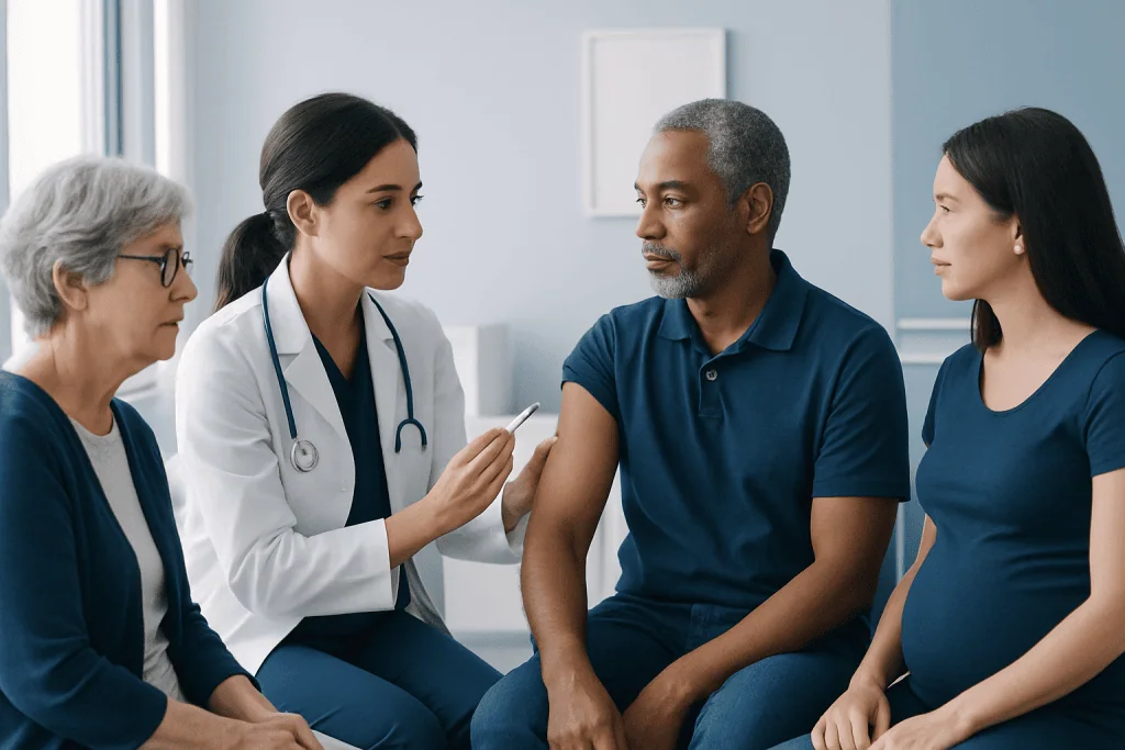 Doctor consulting with diverse patients in a medical office setting.