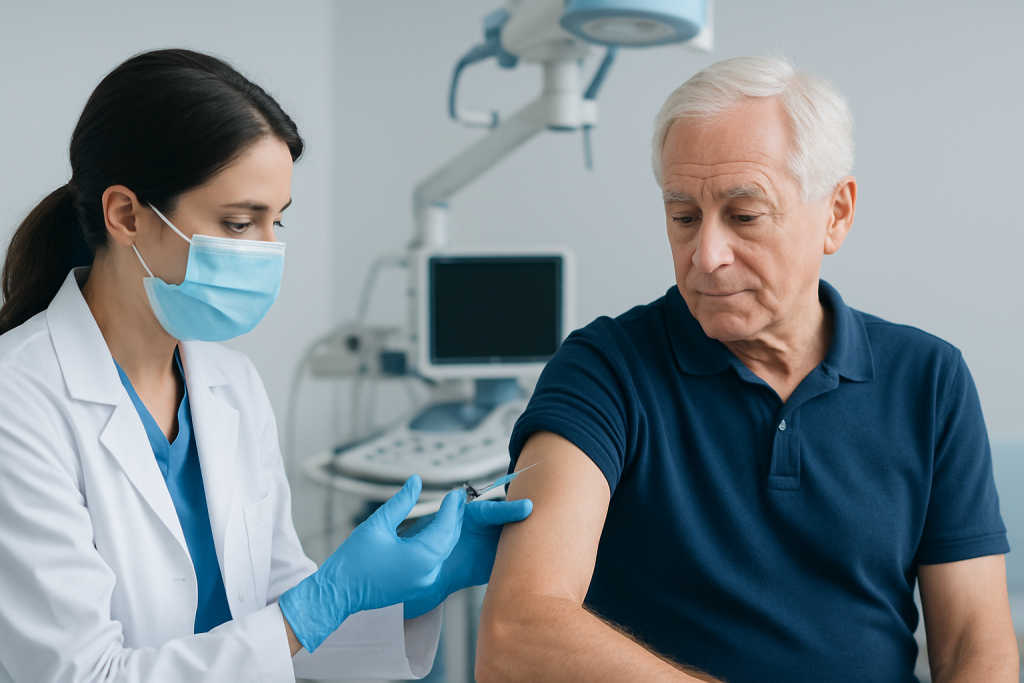 Doctor administering vaccine to elderly man in clinic setting.
