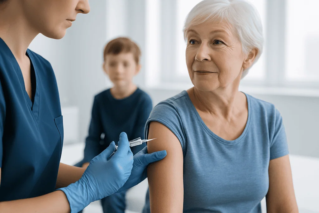 Elderly woman receiving flu vaccination from healthcare professional.