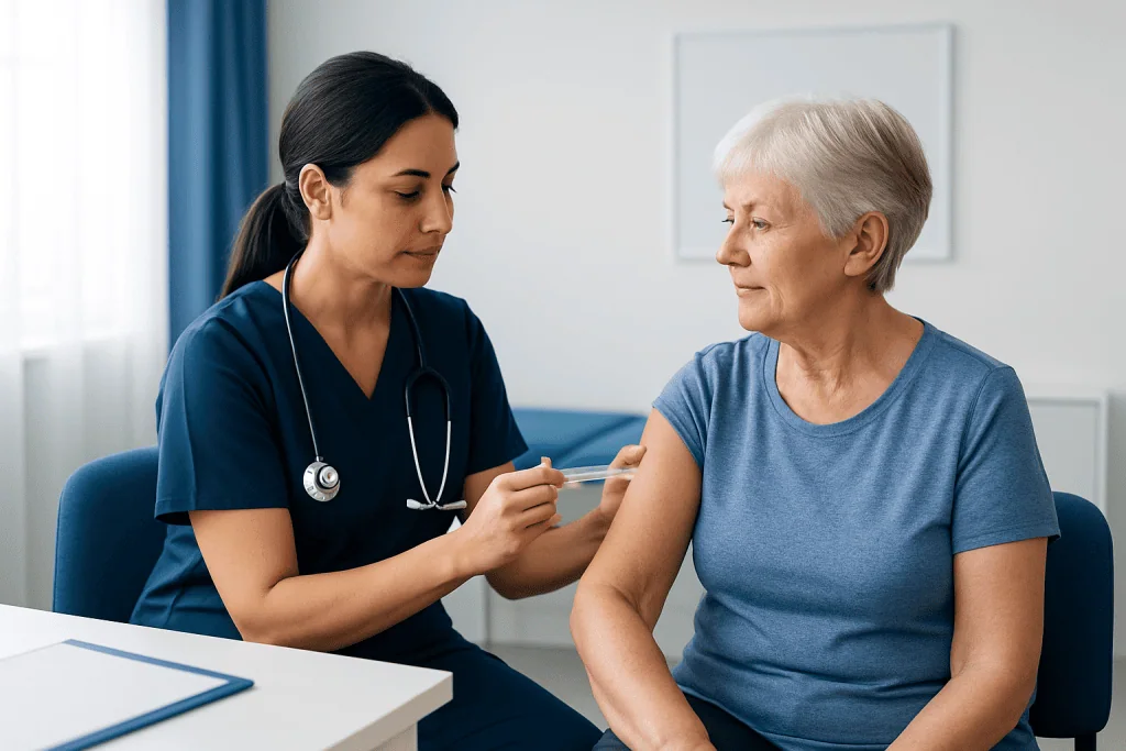 Nurse administering flu shot to elderly woman in a medical clinic.