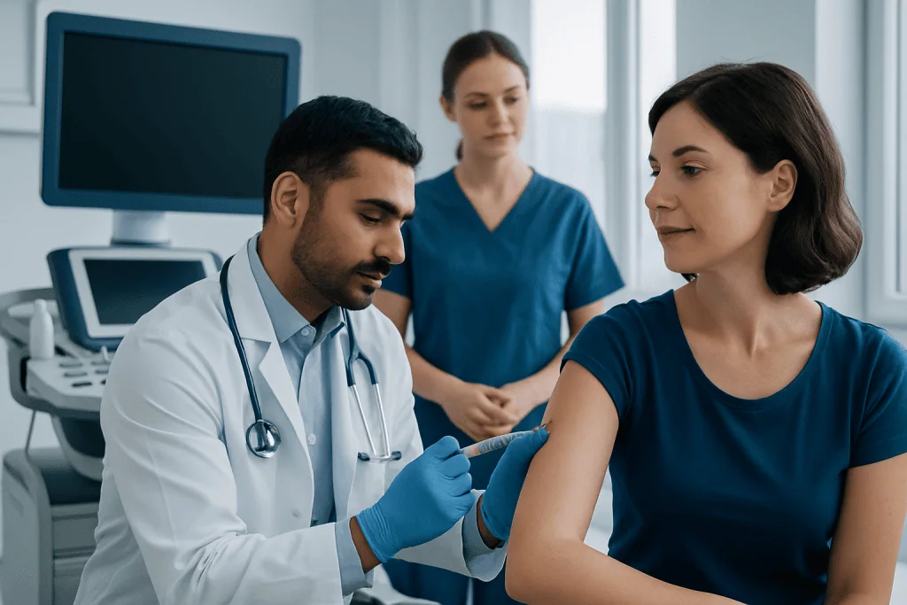 Doctor administering vaccine to a woman in a clinical setting.