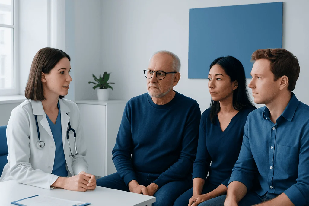 Doctor consulting with a diverse group of patients in a medical office.