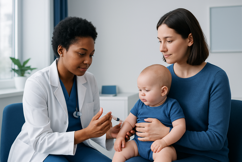 Pediatric vaccination consultation at Acibadem Hospital with doctor and mother.