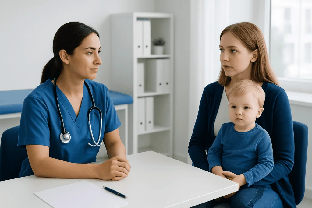 Doctor consulting with mother and child in a medical office setting.