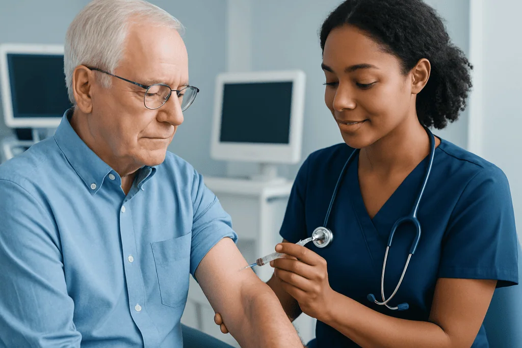 Nurse administering shingles vaccine to an elderly patient in a medical clinic.
