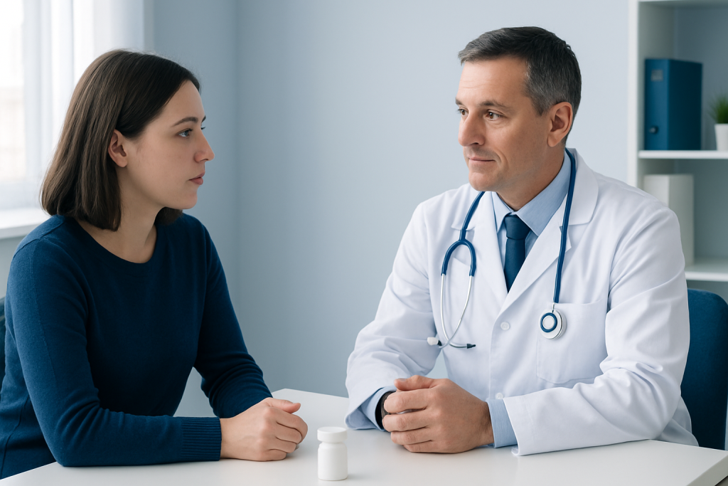 Doctor consulting with a young female patient in a medical office.