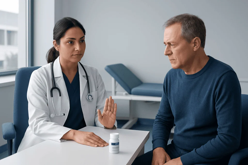 Doctor explaining medication to a patient in a clinical setting.