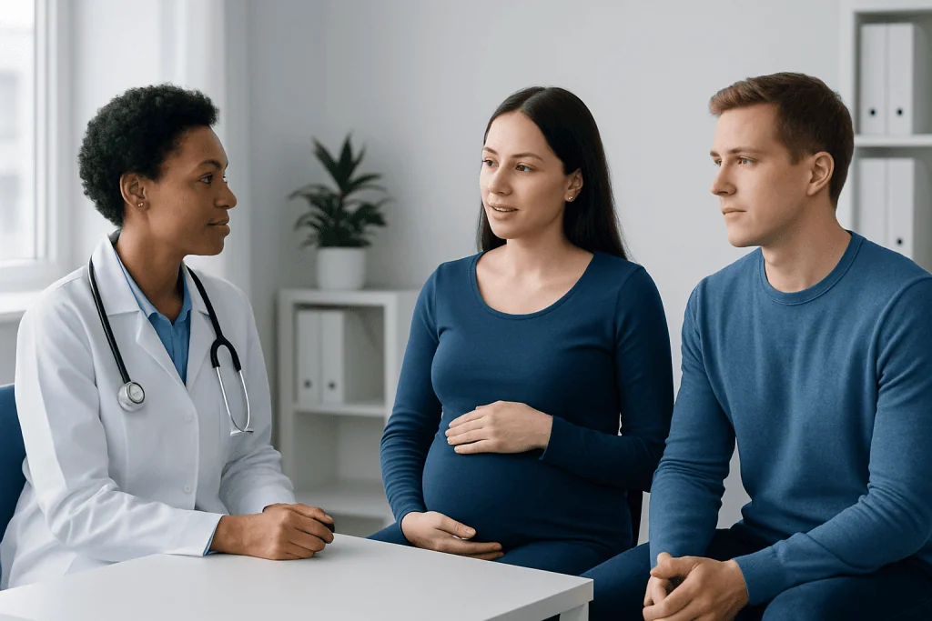 Doctor consulting pregnant woman with partner in a medical office.