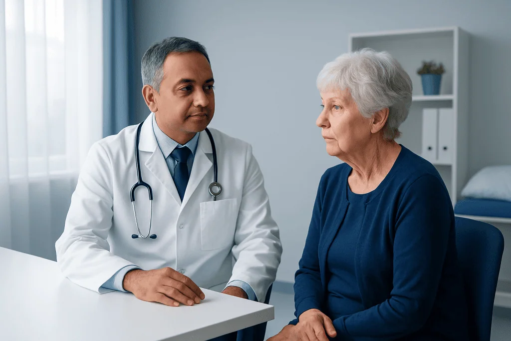 Doctor consulting with elderly female patient in a medical office.
