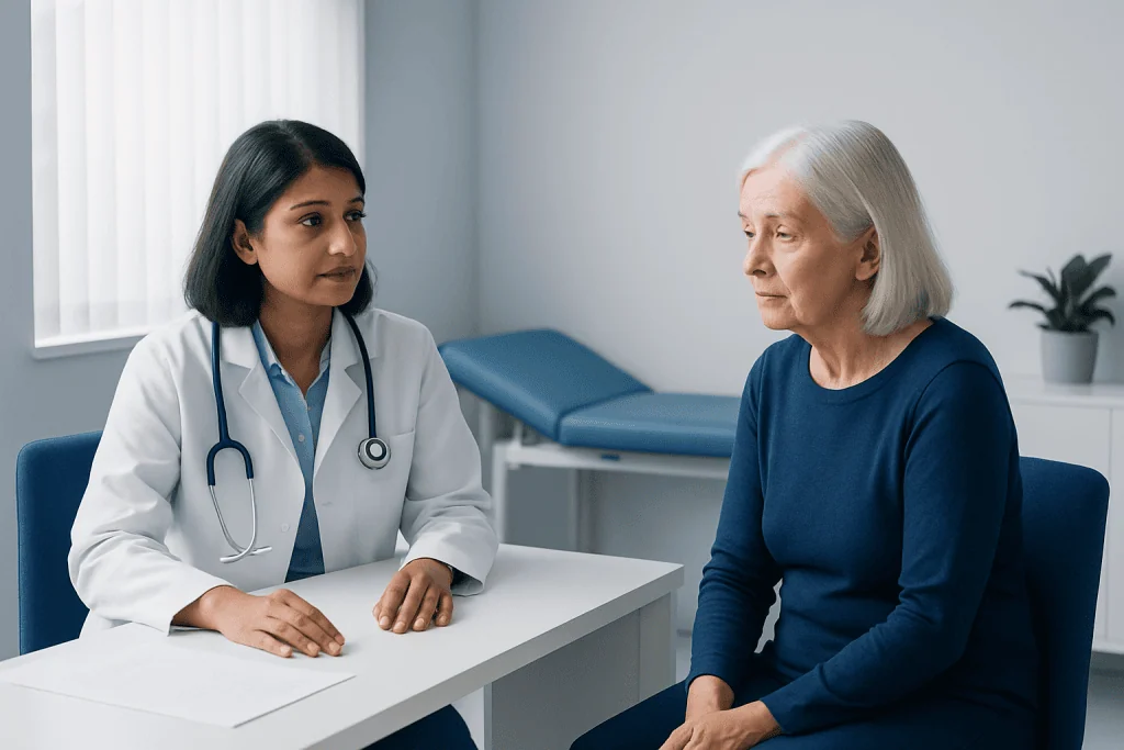 Doctor consulting an elderly patient in a medical office.