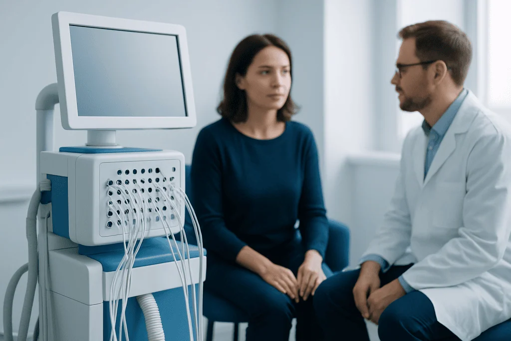 Doctor consulting a patient in a medical examination room with diagnostic equipment.