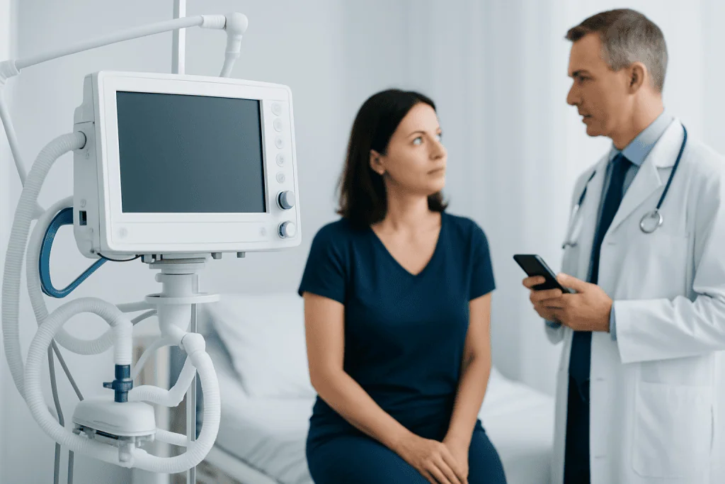Doctor discussing treatment with patient in hospital room with medical equipment.