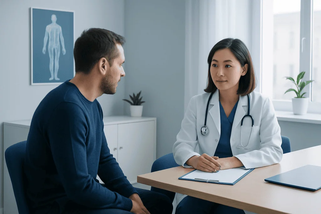Doctor consulting with a male patient in a modern clinic setting.