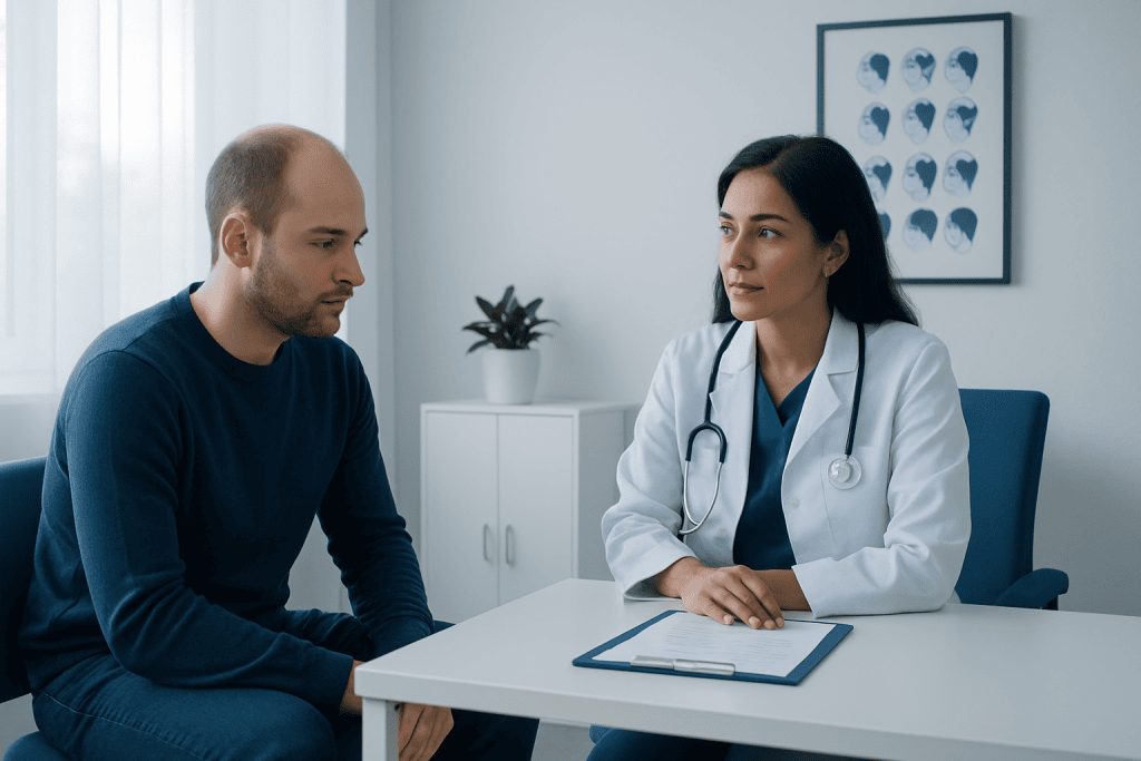 Doctor consulting with a male patient in a medical office.