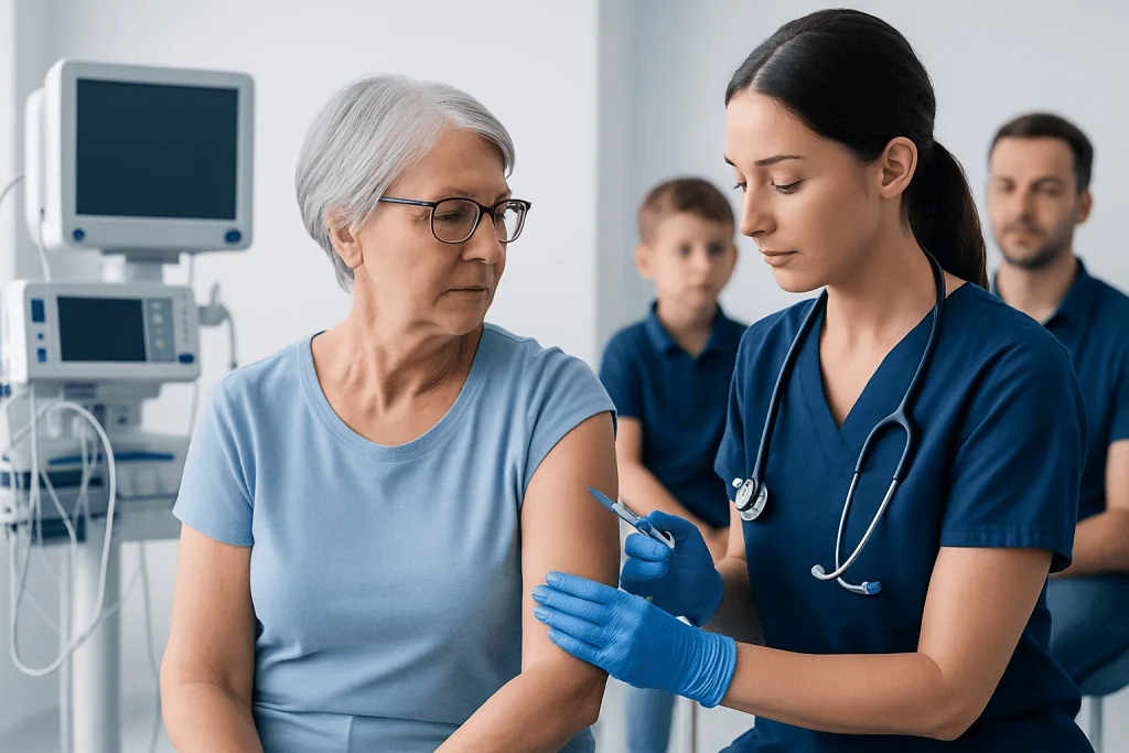 Nurse administering pertussis vaccine to an elderly woman in a hospital setting.