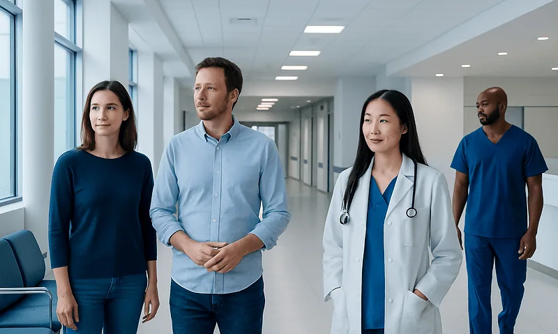 Medical professionals and patients in a hospital corridor.