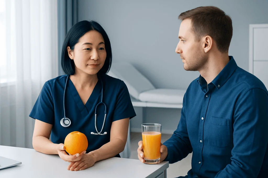 Doctor discussing health with patient holding orange and glass of juice.