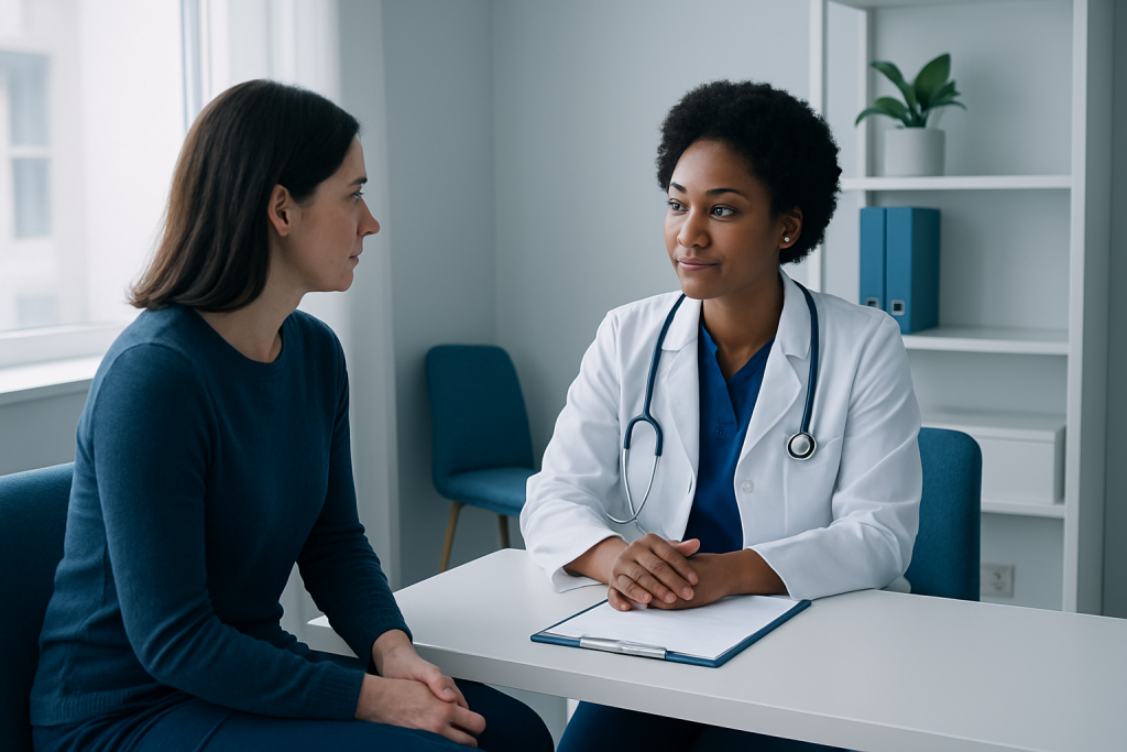 Doctor consulting with a patient in a modern medical office.