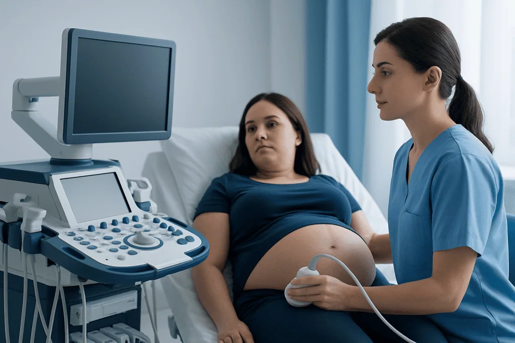 Medical professional performing an ultrasound on a pregnant woman in a hospital room.