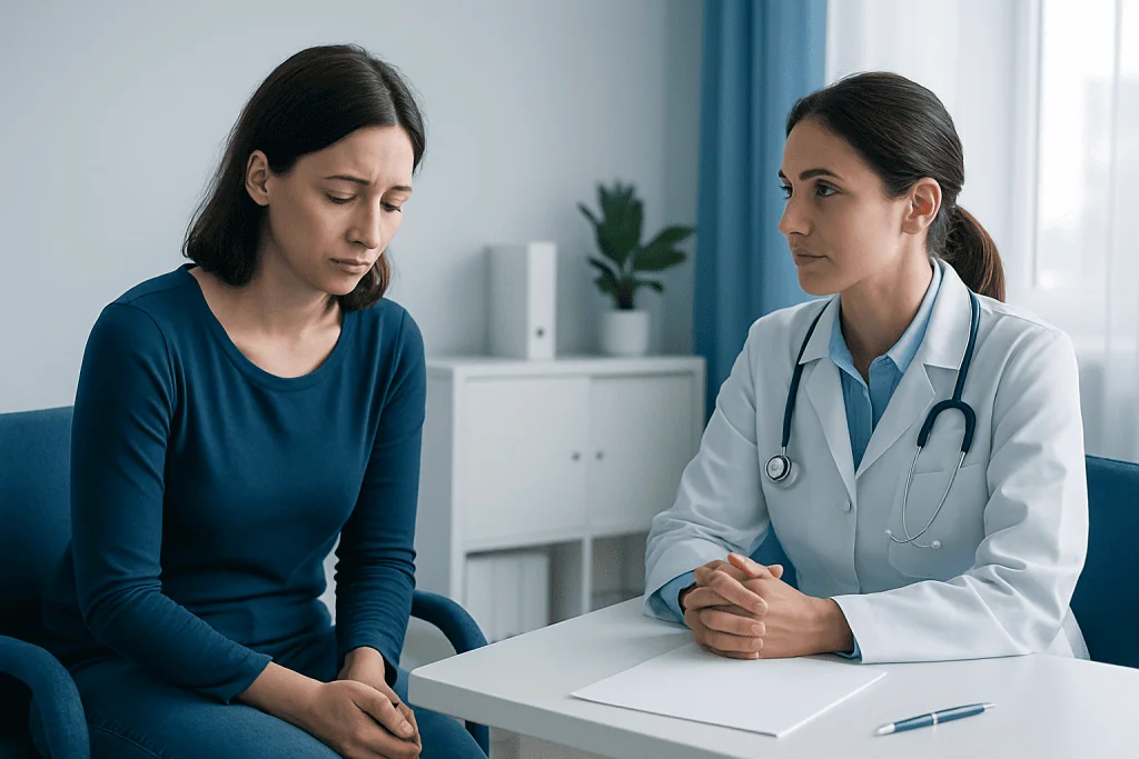 Doctor consulting with a patient about pregnancy concerns in a medical office.
