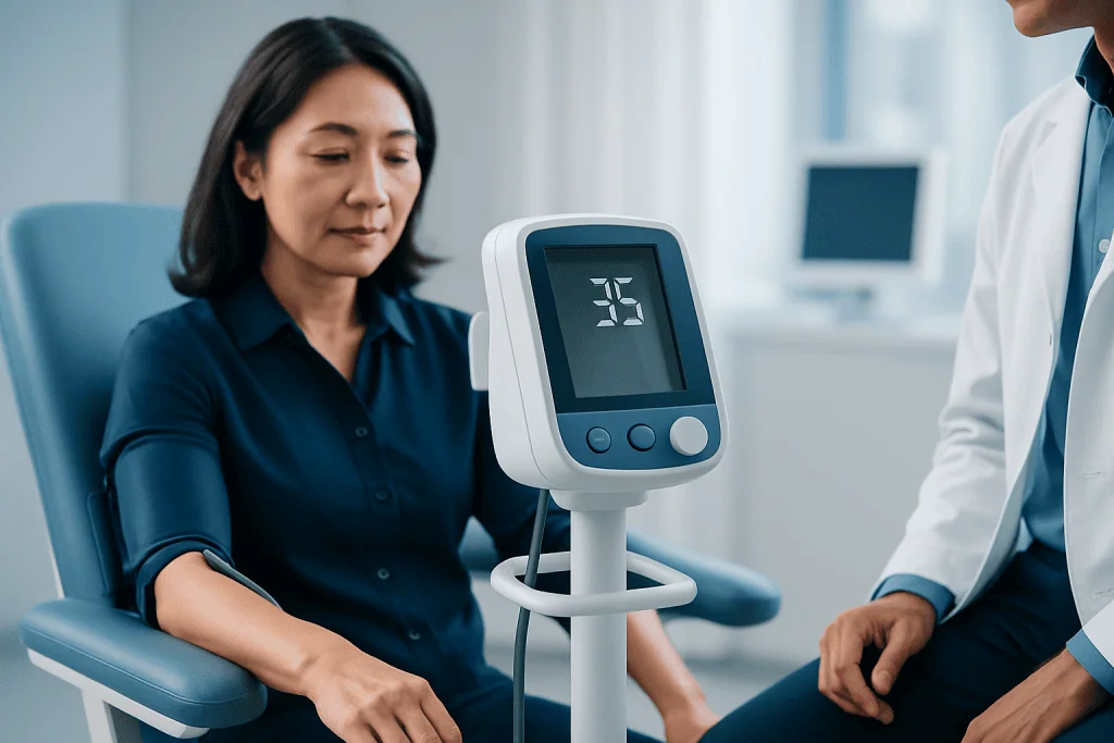 Woman having her blood pressure measured at a hospital clinic.