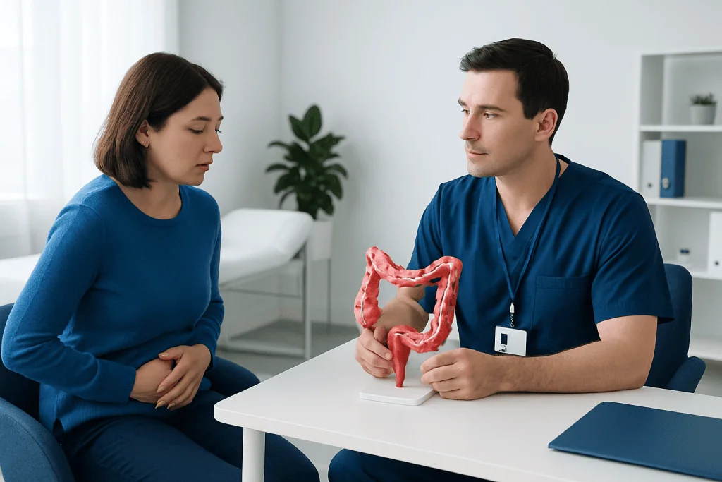 Doctor explaining colon health to a patient with a model of the large intestine.