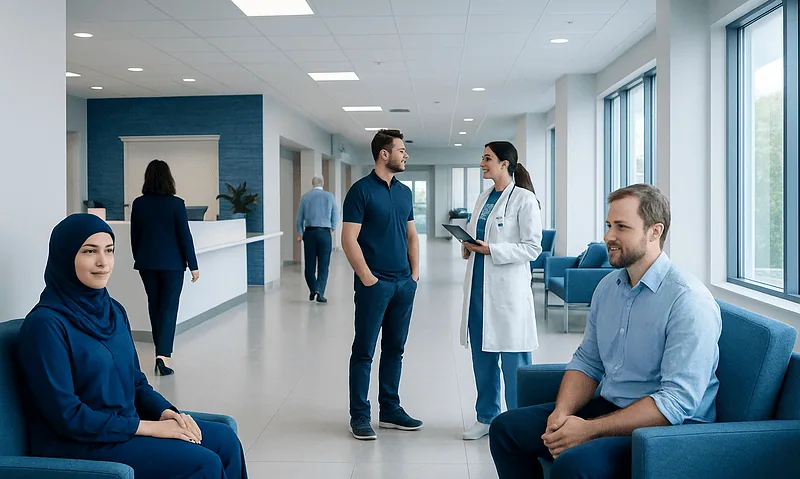 Patients and medical staff in a modern hospital waiting area.