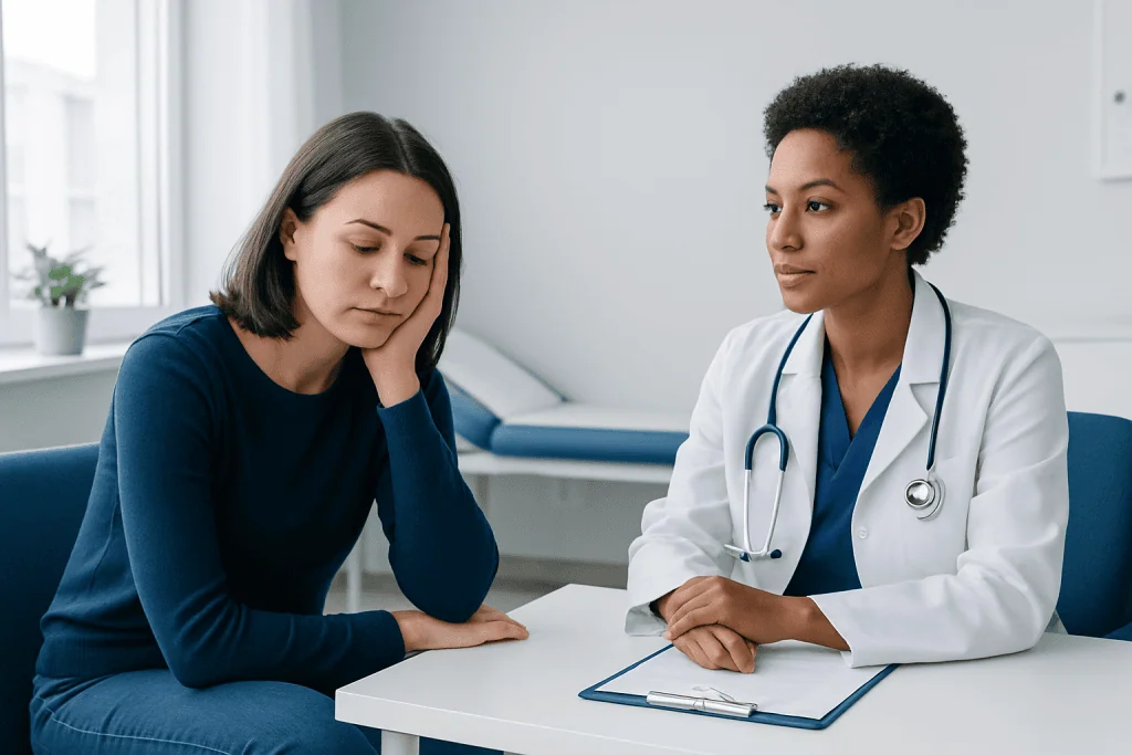 Young woman consulting with a doctor about health concerns in a medical office.
