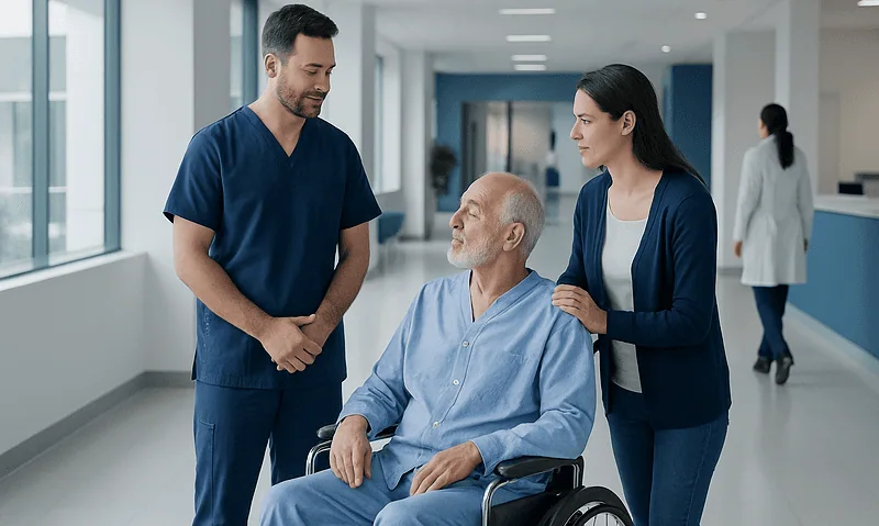 Healthcare professionals caring for an elderly patient in hospital corridor.