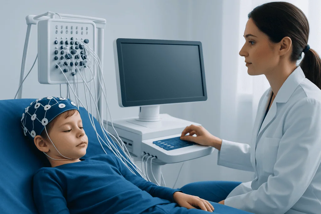 Pediatric EEG: How Children Prepare and What Parents Can Expect 1 Child undergoing EEG test in a hospital setting with medical staff present.