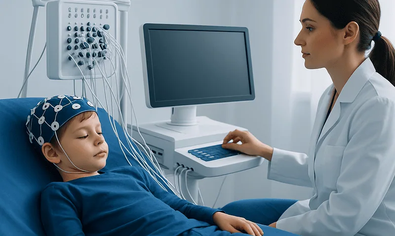 Child undergoing EEG test in a hospital setting with medical staff present.