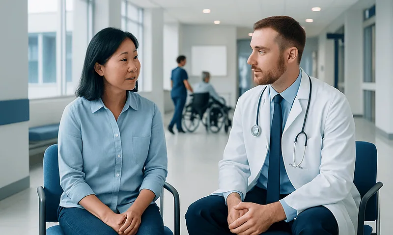 Doctor consulting a patient in a modern hospital setting.