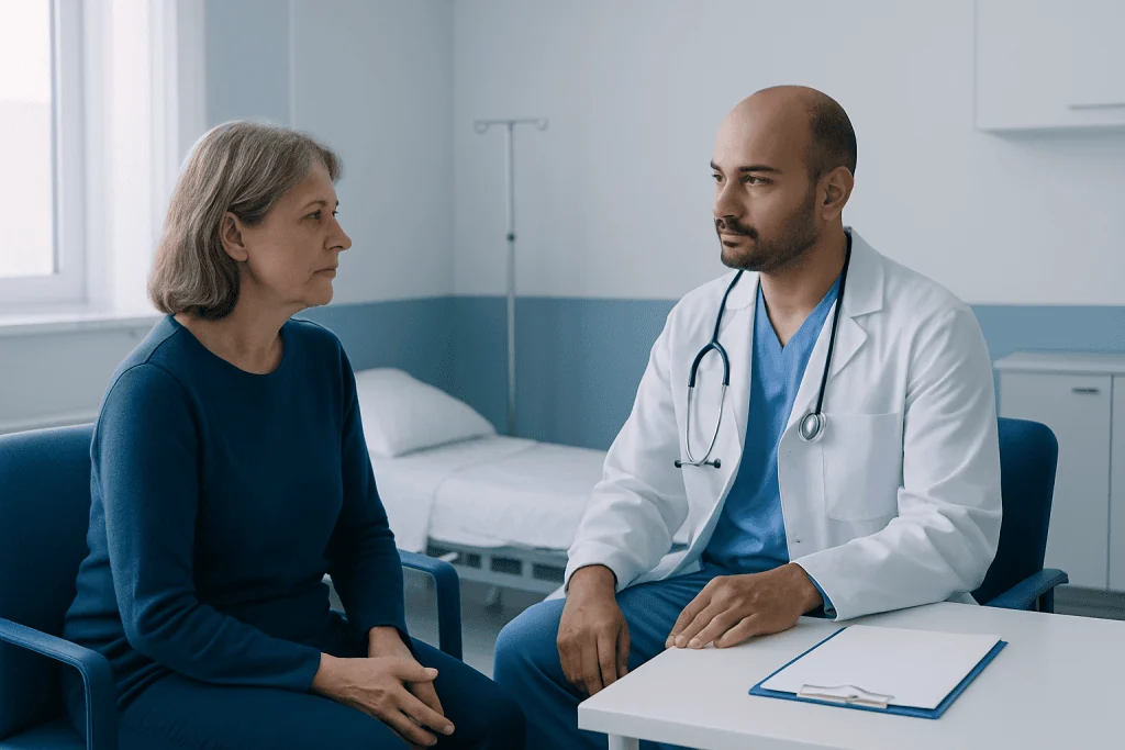 Doctor consulting with an elderly female patient in a hospital room.