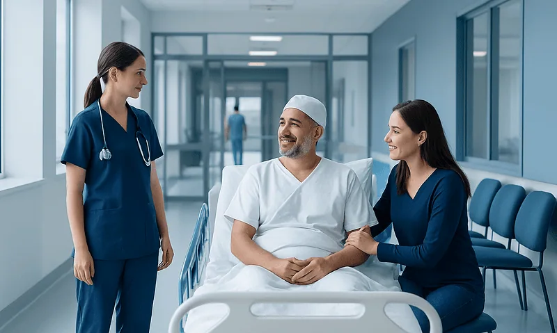 How Companions Can Help After Surgery in Turkey Without Getting in the Way 5 Hospital staff talking to a patient in a hospital corridor.