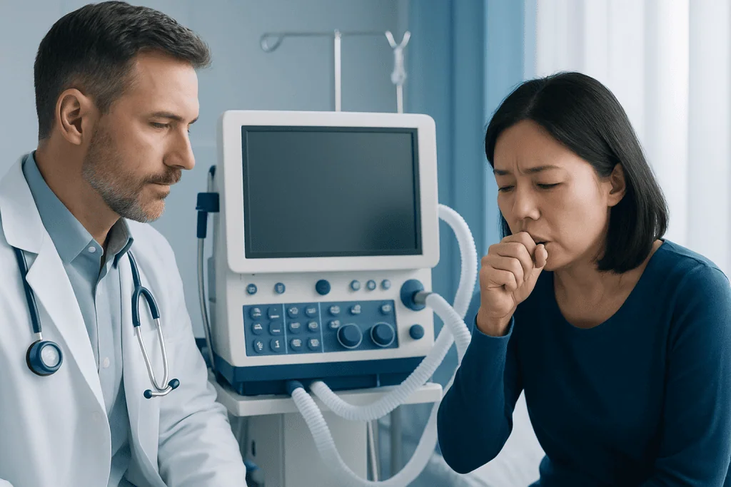 Doctor examining a patient with a cough in a hospital room.